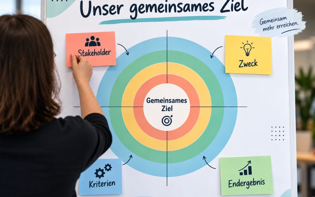Moderner Workshopraum mit Flipchart zum Thema ‚Unser gemeinsames Ziel‘. Eine Frau bringt einen Zettel mit der Aufschrift ‚Stakeholder‘ an; in der Mitte des Flipcharts ist eine farbige Zielscheibe mit den Begriffen ‚Gemeinsames Ziel‘, ‚Zweck‘, ‚Kriterien‘ und ‚Endergebnis‘ dargestellt.“