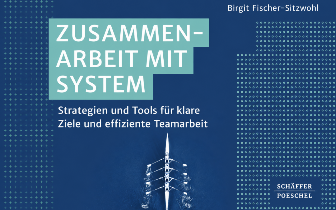 Buchcover „Zusammenarbeit mit System“ von Birgit Fischer-Sitzwohl. Untertitel: „Strategien und Tools für klare Ziele und effiziente Teamarbeit“. Dunkelblauer Hintergrund mit türkisfarbenen geometrischen Mustern; unten mittig ist ein Ruderboot mit mehreren Personen aus der Vogelperspektive zu sehen. Verlag: Schäffer-Poeschel.